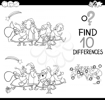 Black and White Cartoon Illustration of Finding Differences Educational Game for Children with Santa Claus Characters Coloring Page