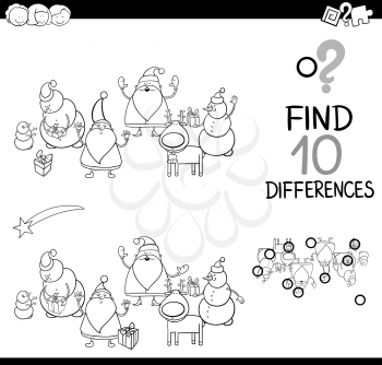 Black and White Cartoon Illustration of Finding Differences Educational Game for Children with Santa Claus Christmas Characters Coloring Book