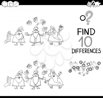 Black and White Cartoon Illustration of Finding Differences Educational Game for Children with Santa Claus Characters Coloring Book