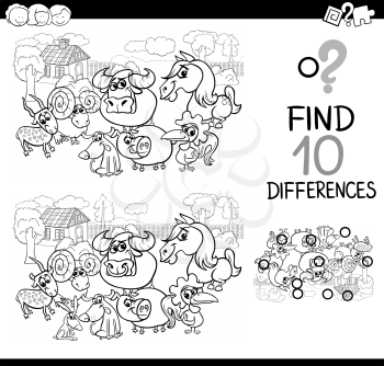 Black and White Cartoon Illustration of Finding Differences Educational Activity for Children with Farm Animal Characters Coloring Page