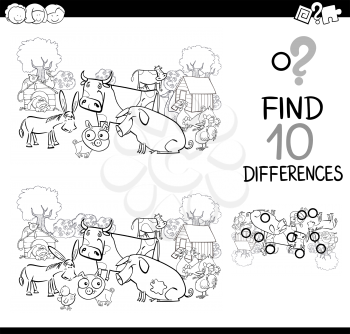 Black and White Cartoon Illustration of Finding Differences Educational Game for Children with Farm Animal Characters Coloring Page