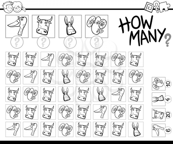 Black and White Cartoon Illustration of Educational Counting Game for Children with Farm Animal Characters for Coloring