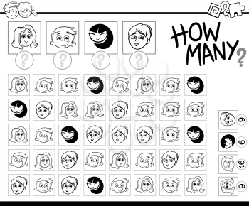 Black and White Cartoon Illustration of Educational Counting Game for Children with Kid Characters Coloring Page