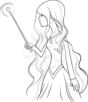 Black and White Cartoon Illustration of Witch Woman Fantasy Character Coloring Page