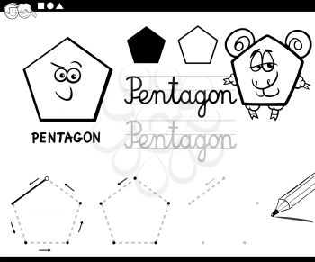 Black and White Educational Cartoon Illustration of Pentagon Basic Geometric Shape for Children Coloring Page