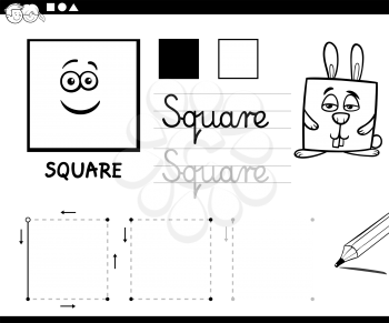 Black and White Educational Cartoon Illustration of Square Basic Geometric Shape for Children Coloring Page