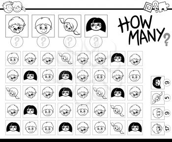 Black and White Cartoon Illustration of Educational Counting Game for Kids with Children Characters Coloring Page