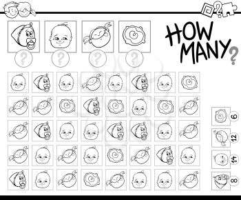 Black and White Cartoon Illustration of Educational Counting Game for Children with Baby Characters Coloring Page
