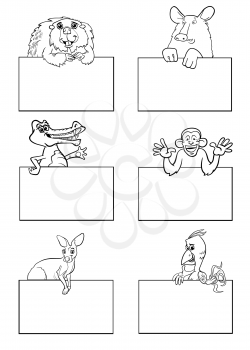 Black and White Cartoon Illustration of Animals with White Greeting or Business Card Design Set