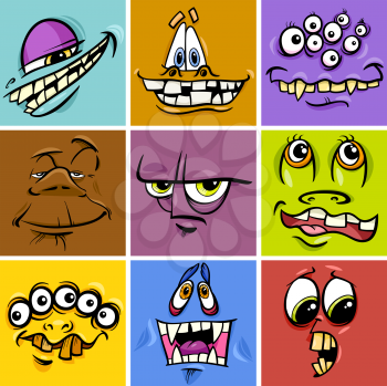 Cartoon Illustration of Fantasy Monster Characters Faces Set