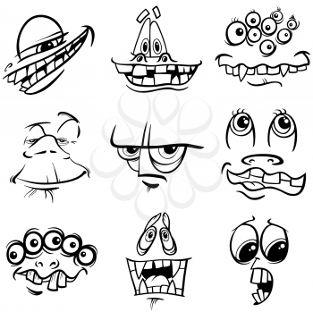 Black and White Cartoon Illustration of Fantasy Monster Characters Faces Set Coloring Page