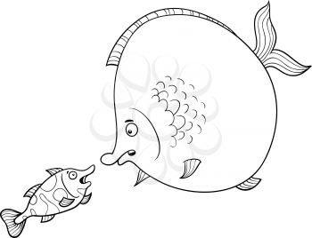 Black and White Cartoon Illustration of Big Fish and Small Fish Animal Characters Talking Coloring Page