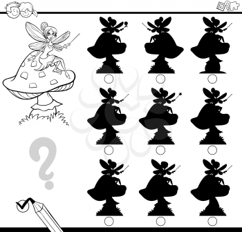 Black and White Cartoon Illustration of Find the Shadow without Differences Educational Activity for Children with Fantasy Character Coloring Page