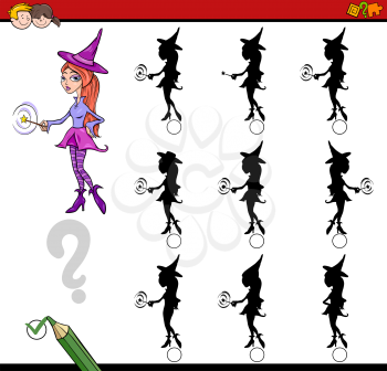 Cartoon Illustration of Find the Shadow without Differences Educational Game for Children with Witch Fantasy Character