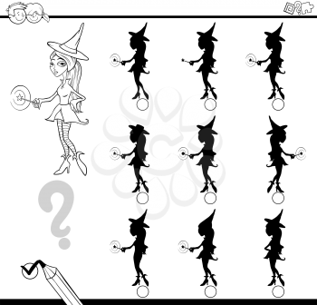 Black and White Cartoon Illustration of Find the Shadow without Differences Educational Game for Children with Witch Fantasy Character Coloring Page