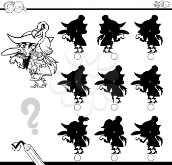 Black and White Cartoon Illustration of Find the Shadow without Differences Educational Activity for Children with Pirate Character Coloring Page