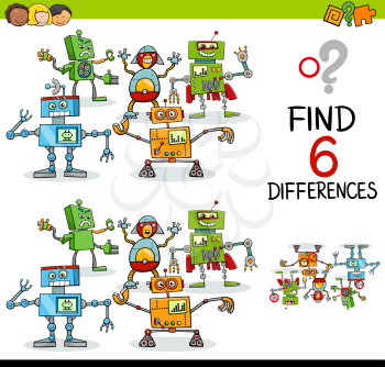 Cartoon Illustration of Finding the Difference Educational Activity for Children with Fantasy Robot Characters