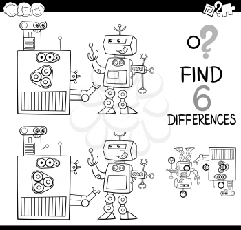 Black and White Cartoon Illustration of Finding the Difference Educational Activity for Children with Robot Characters Coloring Page