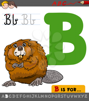 Educational Cartoon Illustration of Letter B from Alphabet with Beaver Animal Character for Children 
