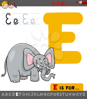 Educational Cartoon Illustration of Letter E from Alphabet with Elephant Animal Character for Children 
