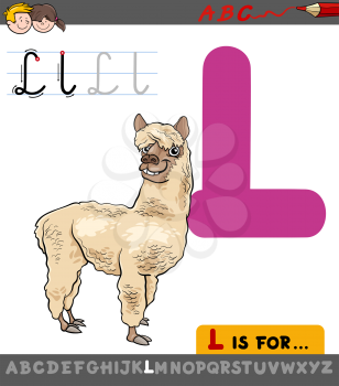 Educational Cartoon Illustration of Letter L from Alphabet with Llama Animal for Children 