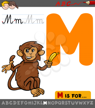 Educational Cartoon Illustration of Letter M from Alphabet with Monkey Animal Character for Children 