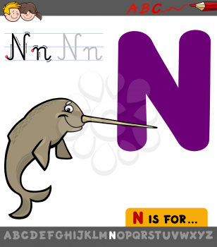 Educational Cartoon Illustration of Letter N from Alphabet with Narwhal Animal Character for Children 
