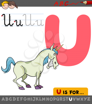 Educational Cartoon Illustration of Letter U from Alphabet with Unicorn Fantasy Character for Children 