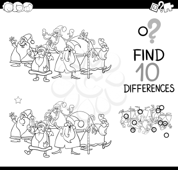 Black and White Cartoon Illustration of Finding Differences Educational Activity for Children with Christmas Characters Coloring Book