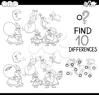 Black and White Cartoon Illustration of Finding Differences Educational Game for Children with Christmas Characters Coloring Book