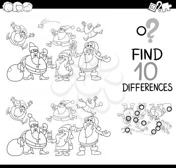 Black and White Cartoon Illustration of Finding Differences Educational Game for Kids with Christmas Characters Coloring Book