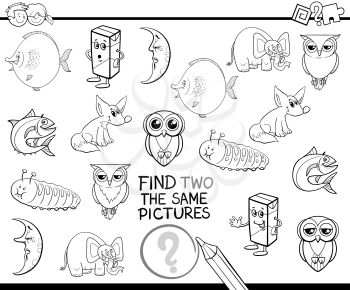 Black and White Cartoon Illustration of Finding Two Identical Pictures Educational Game for Children Coloring Page