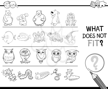 Black and White Cartoon Illustration of Finding Picture that does not Fit with the Rest in a Row Educational Activity for Children Coloring Page