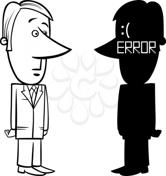Black and White Concept Cartoon Illustration of Businessman with Blue Screen of Death Error