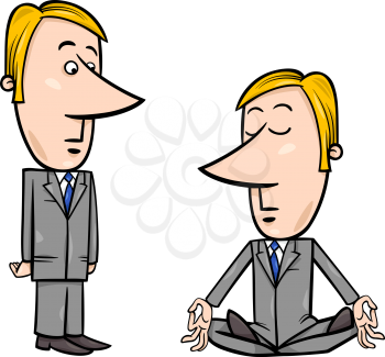 Concept Cartoon Illustration of Meditating Businessman and Surprised Manager