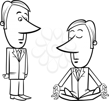 Black and White Concept Cartoon Illustration of Meditating Businessman and Surprised Manager