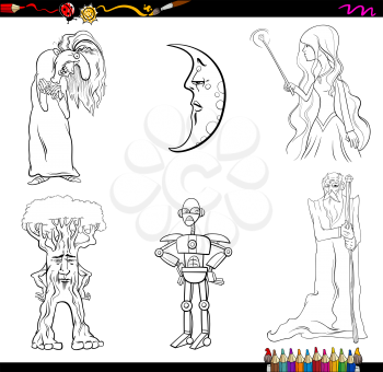 Black and White Cartoon Illustration of Fantasy Characters Set Coloring Page