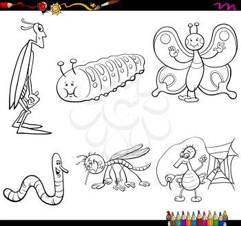 Black and White Cartoon Illustration of Insect Characters Set Coloring Page