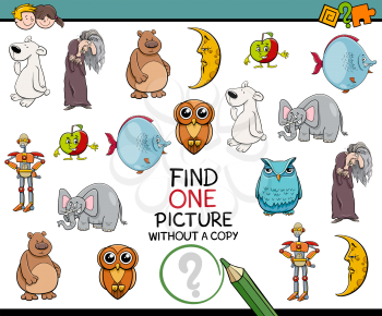 Cartoon Illustration of Educational Game of Finding Single Image for Preschool Kids