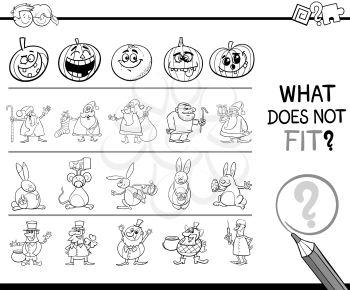 Black and White Cartoon Illustration of Finding Wrong Picture in the Row Educational Activity for Kids with Holiday Characters Coloring Page