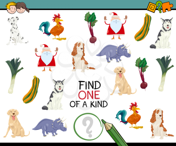 Cartoon Illustration of Educational Game of Finding One of a Kind for Preschool Children