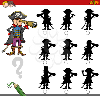 Cartoon Illustration of Find the Shadow without Differences Educational Activity for Children with Pirate Fantasy Character