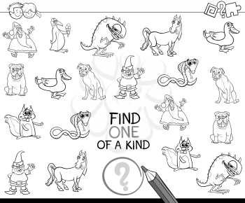 Black and White Cartoon Illustration of Find One of a Kind Educational Activity for Children Coloring Page