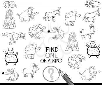Black and White Cartoon Illustration of Find One of a Kind Educational Activity for Preschool Children Coloring Page