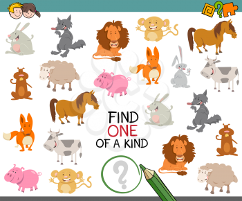 Cartoon Illustration of Find One of a Kind Educational Activity Game for Preschool Kids with Animals