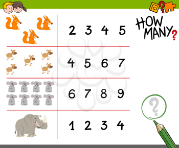 Cartoon Illustration of Educational Counting Activity for Children with Cute Animals