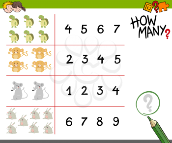 Cartoon Illustration of Educational Counting Game for Children with Cute Animals