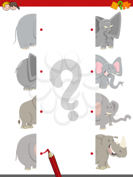 Cartoon Illustration of Educational Matching Halves Game with Animal Characters