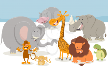 Cartoon Illustration of Cute Safari Animal Characters Group