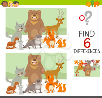 Cartoon Illustration of Finding the Differences Educational Game for Children with Forest Animal Characters